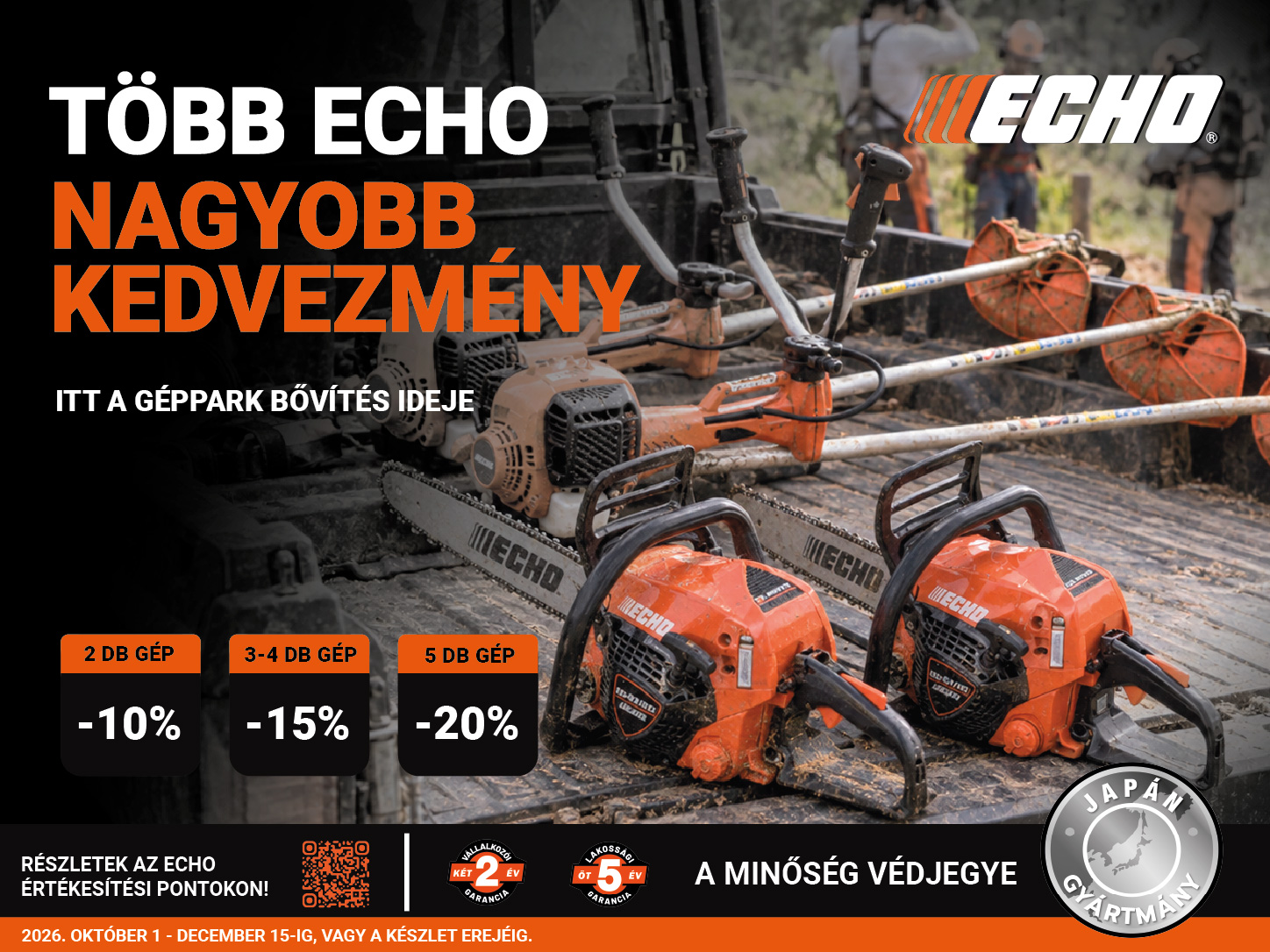 ECHO csomagakció – minél több gép, annál nagyobb a kedvezmény Október 1. és december 15. között, illetve a készlet erejéig különleges ECHO csomagakció érhető el az ECHO értékesítési pontokon.